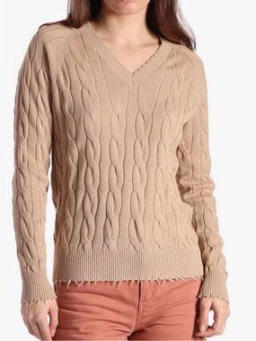Minnie Rose Cotton Cable Knit V-Neck Frayed Edges Tan Sweater Size Small